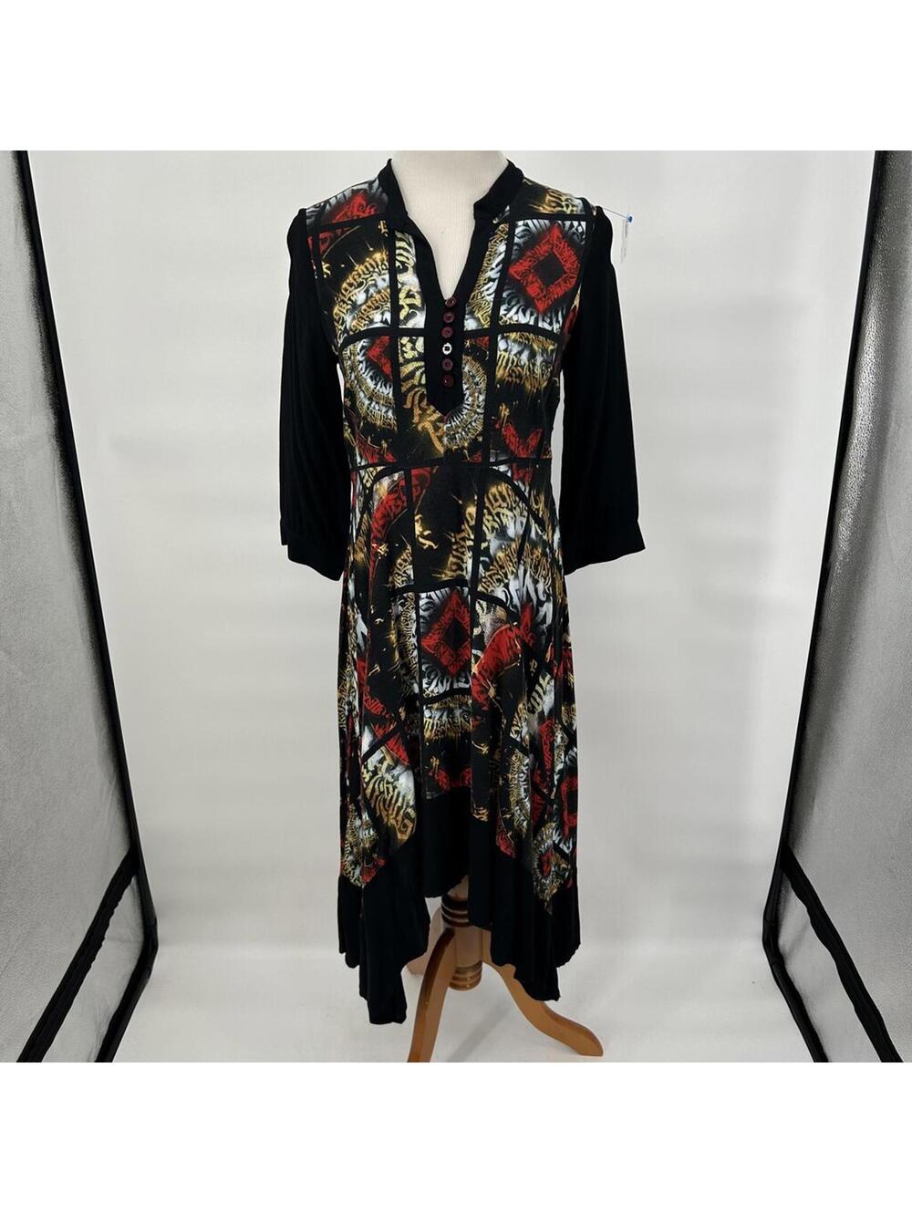 Women's Aventures des Toiles Black Red Gold Abstract Print Knit Dress EU36/US 4